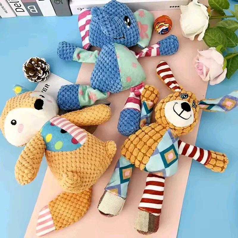 Patchwork Pet Plush Squeaky Toy Bite-Resistant Dog Chew Toy Interactive Elephant Fox Rabbit Doll