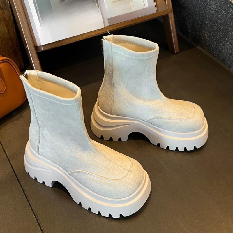 Stylish Back Zip Block Heel Single Boots Autumn New Round Toe Paneled Suede Platform Anti-Slip Wear-Resistant Booties