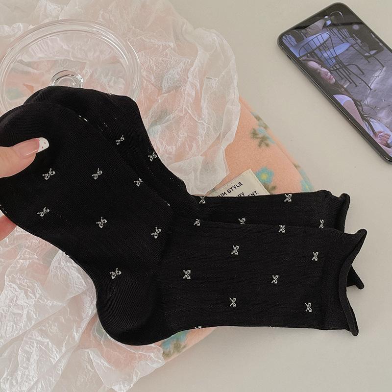 

Женские летние тонкие носки-трубы с бантиком и подвернутым краем, дышащие 1 pair чёрный