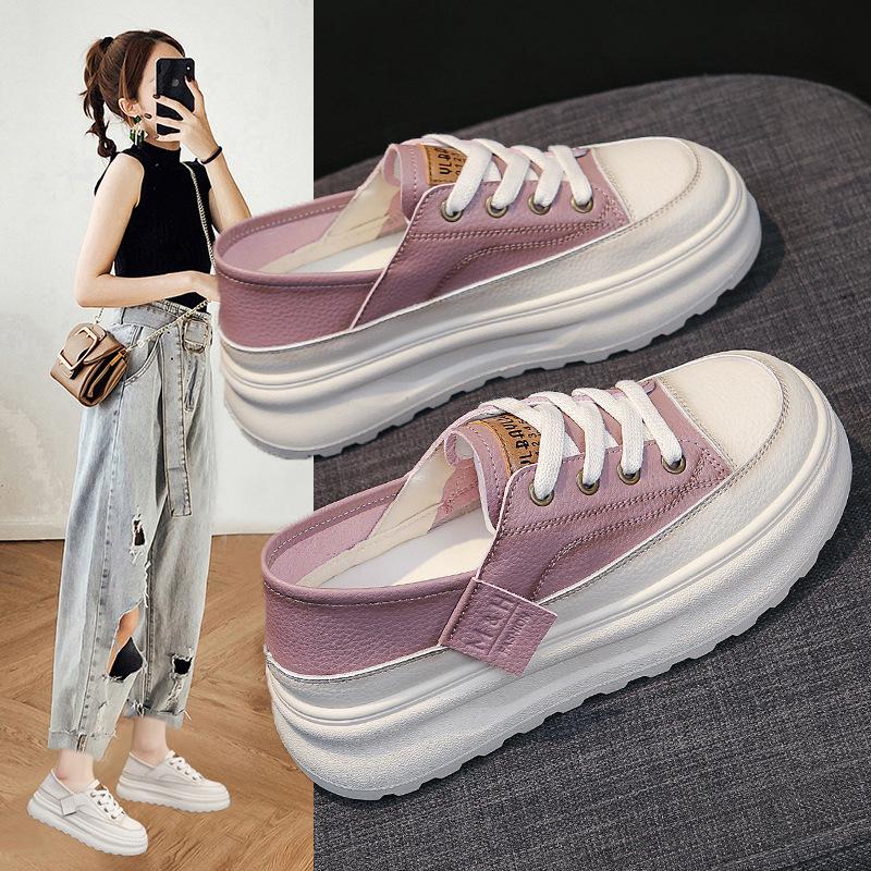 Popular Can Step On Two Thick-soled Sports Board Shoes for Women's 2025 New Spring and Summer Casual Real Soft Leather Little White Shoes Little Whit