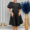 Damen Elegantes Rundhals-Puffärmel-Hohe Taille A-Linie Midi Partykleid