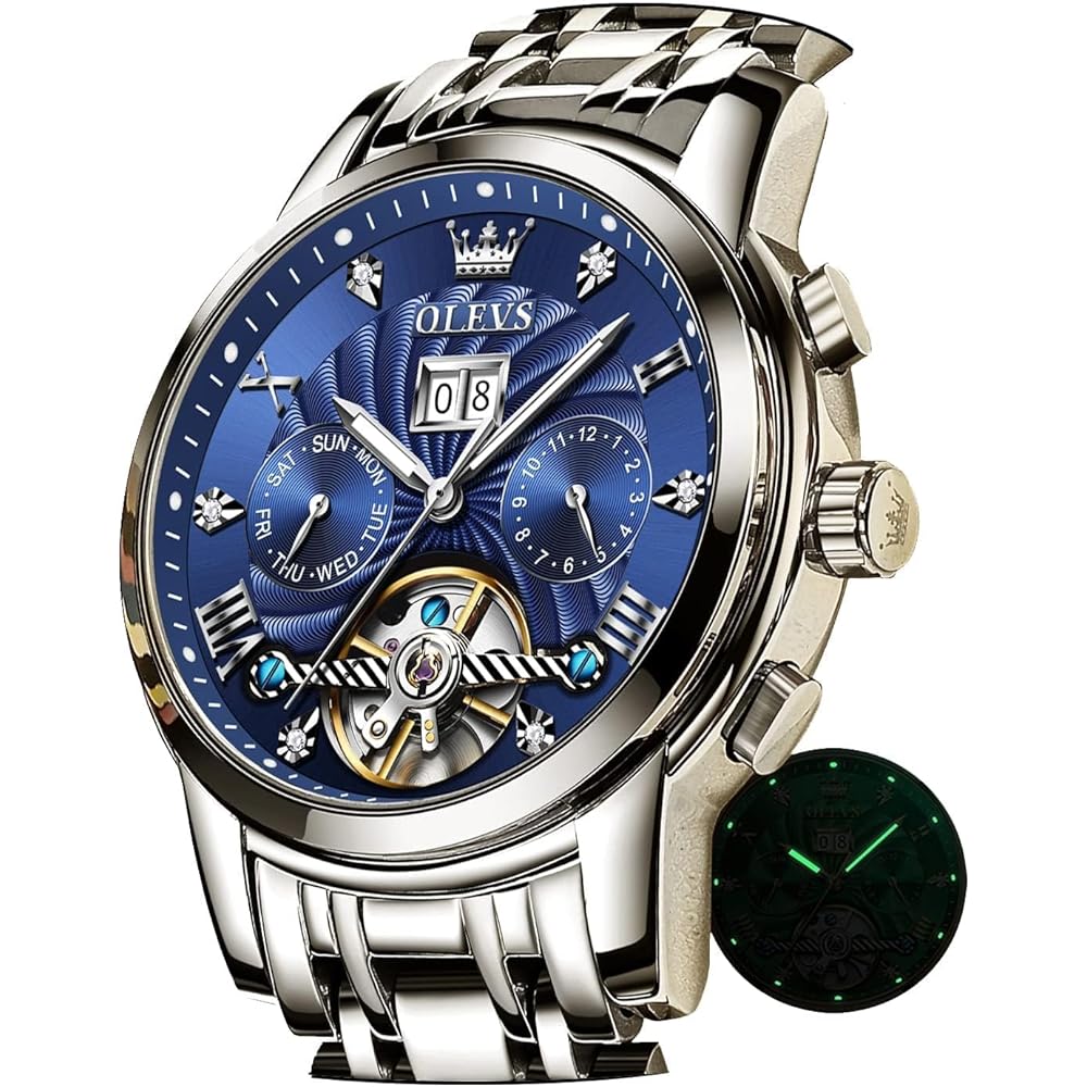 OLEVS Men s Automatic Skeleton Watch Blue Luminous Calendar Waterproof Wristwatch