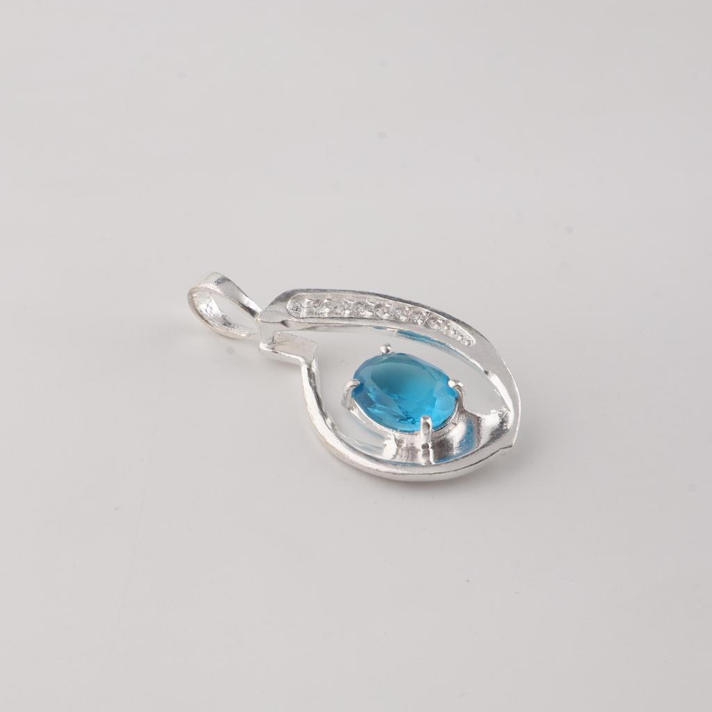 Swiss Blue Topaz Gemstone 925 Sterling Silver Women Jewelry Designer Zircon Pendant 1.4" For Birthday Gift CZP-16-12