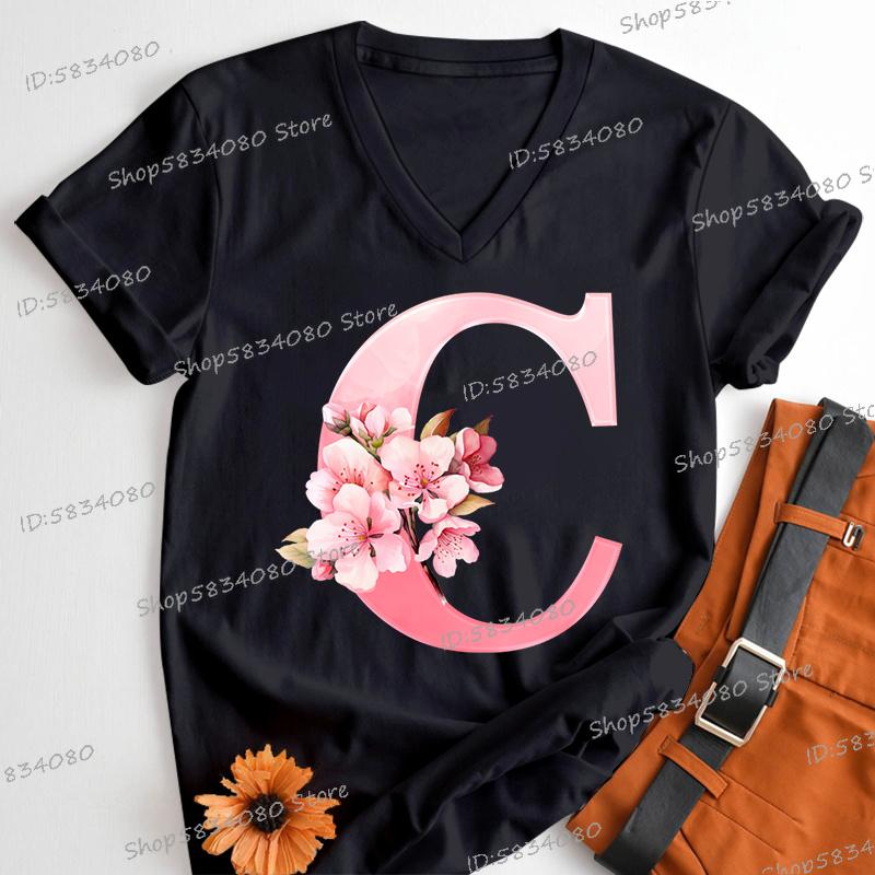 Pink Sakura Alphabet Shirts Gift for Women Letter S Floral Monogram Cartoon Tshirt Cherry Blossom Letters A B C D Casual Tops