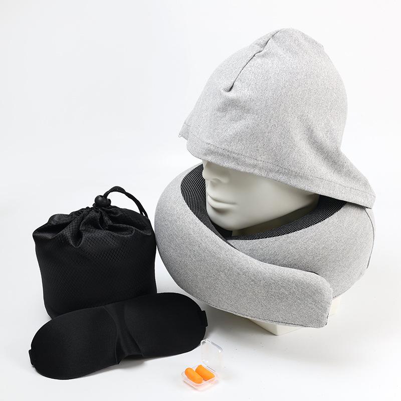 Hooded Memory Foam Travel Neck Pillow - Portable U-Shaped Design Single Neck Pillow