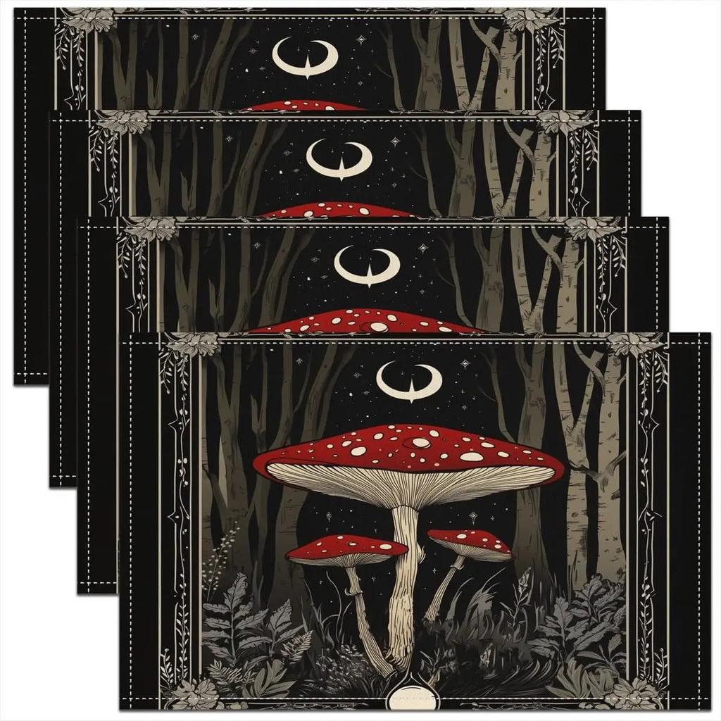 1PC Mushroom Decor Table Place Mats Longleg Mushroom Dragonfly Placemat for Kitchen Dining Table Decor