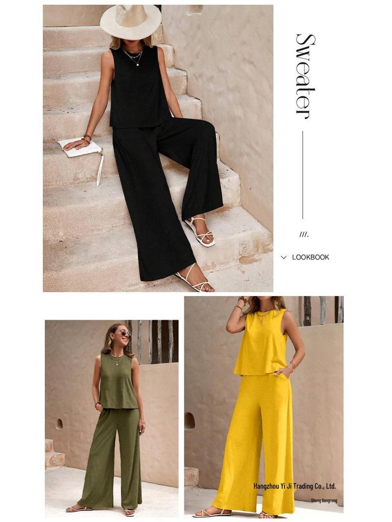 2025 Summer Women's Trendy Two-Piece Set: Loose Cotton Pullover with Round Neck.