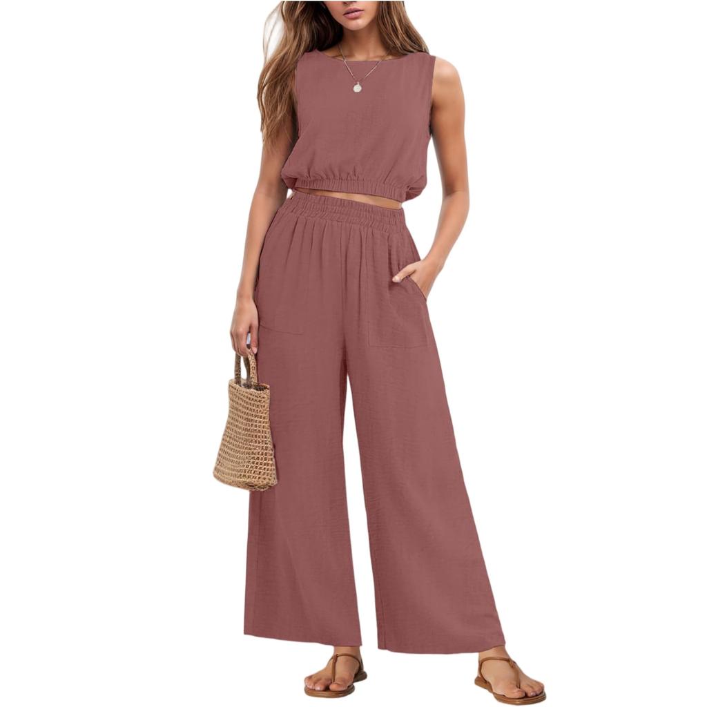 Damenmode Lässiges Ärmelloses Tanktop Mit Elastischem Saum Und High Waist Weiter Bein Zweiteiliges Set