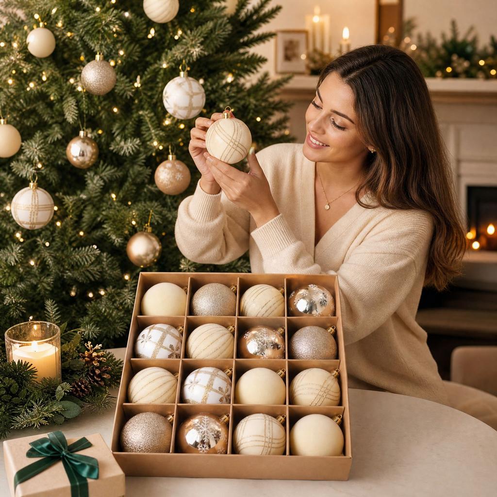 Velvet Painted Christmas Ball Ornament Set in Champagne Gold for Holiday Home Decor