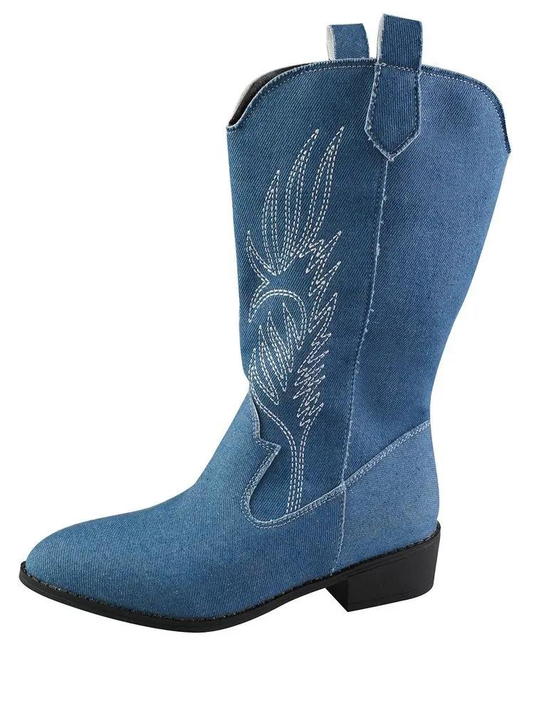 Spring and Autumn New Fashionable Versatile Women's Boots Embroidered Retro Elegant Simple Mid Top Boots