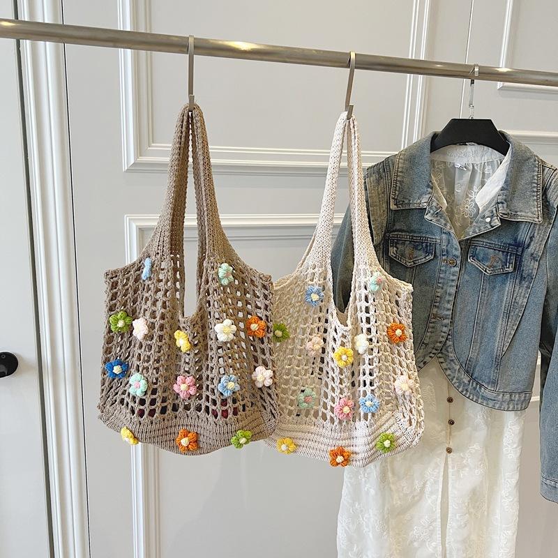 Harajuku Style Flower Hollow Knitted Shoulder Bag Large Capacity Crochet Bag Fresh Casual Beach Handbag For Women Gifts