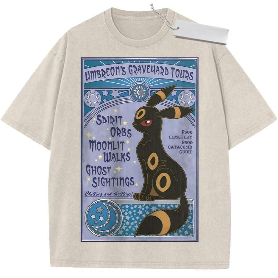 T Shirt Sports T Shirt Short Sleeve T Shirt Black Unisex Pure Cotton Washed Vintage Pokemon Anime Espeon Print M