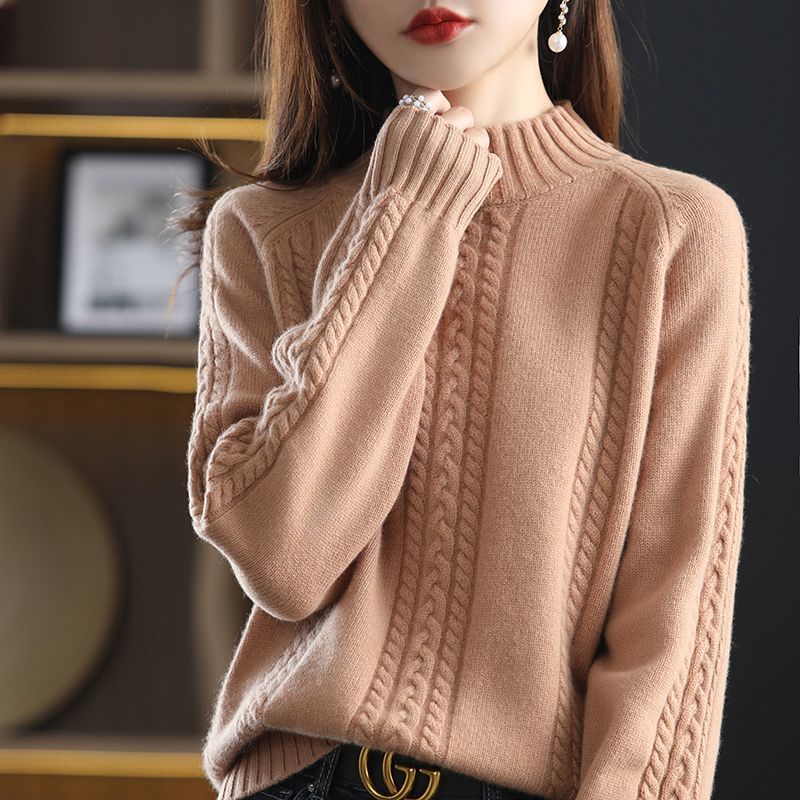 Autumn and Winter Women's Semi High Neck Pullover Sweater Long Sleeve Thick Versatile Loose Pullover Sweater