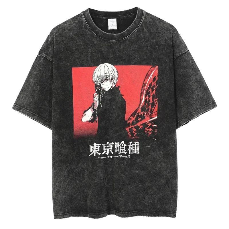 Horké Anime Tokyo Ghoul Grafické Prané Tričko s Pavoučí Lilií Pánské Vintage Trička Y2k Bavlněné Tričko Harajuku Pánské Ležérní Topy