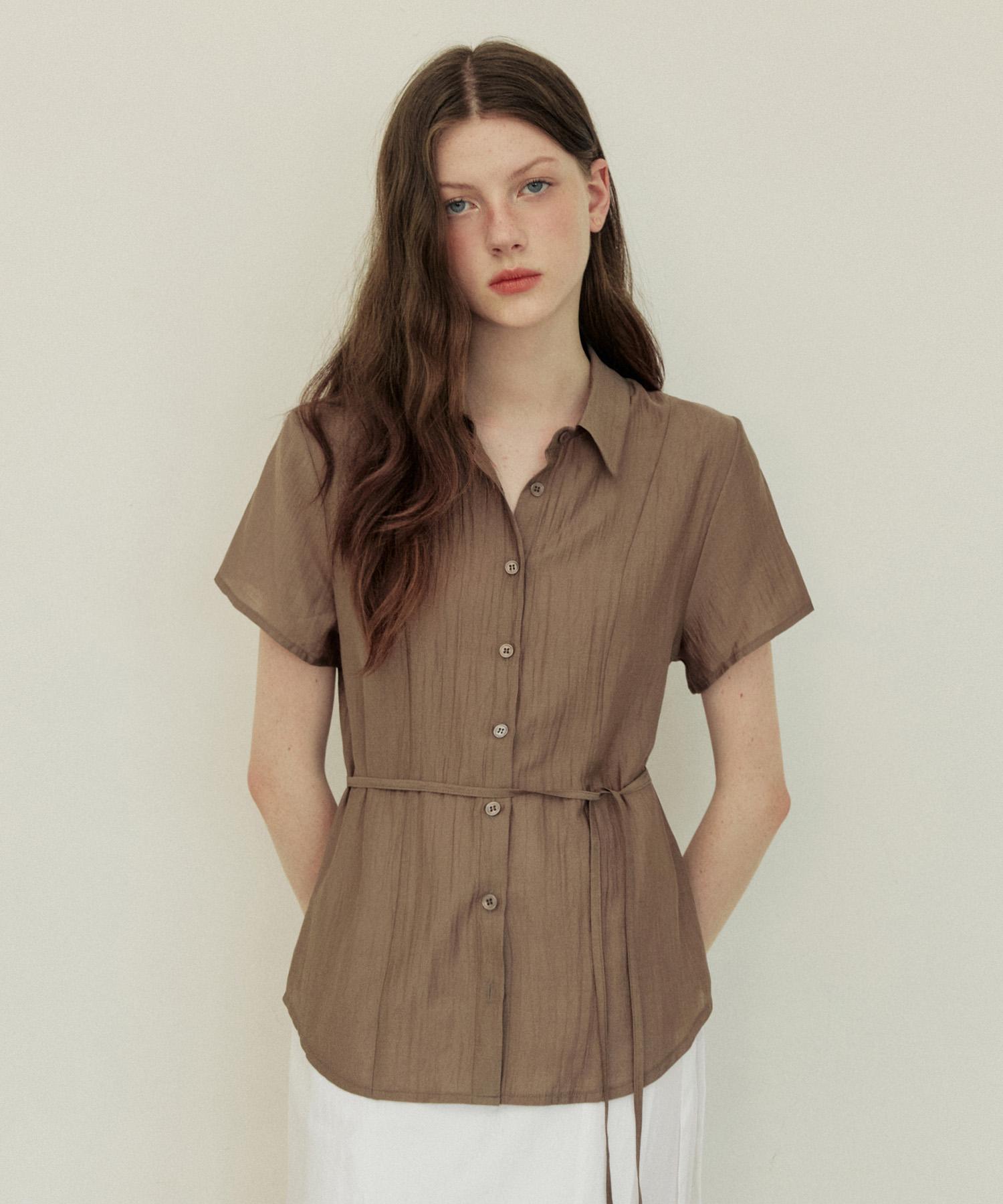 Adowl See Through Sheer Belt Shirt - Ash Brown Ash Brown/Free