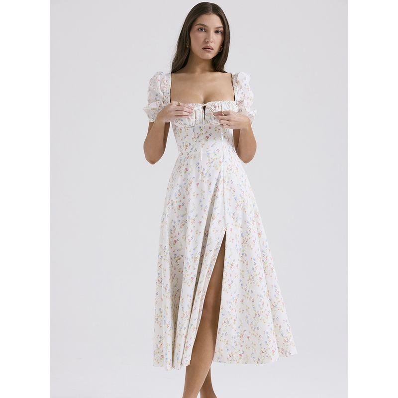 House Same Watercolor Garden French Sweet Floral Square Collar Puff Sleeves Waist Slimming Slit Dress