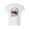 Unisex Christmas Train T Shirt With Red Steam Locomotive And Believe Graphic Art