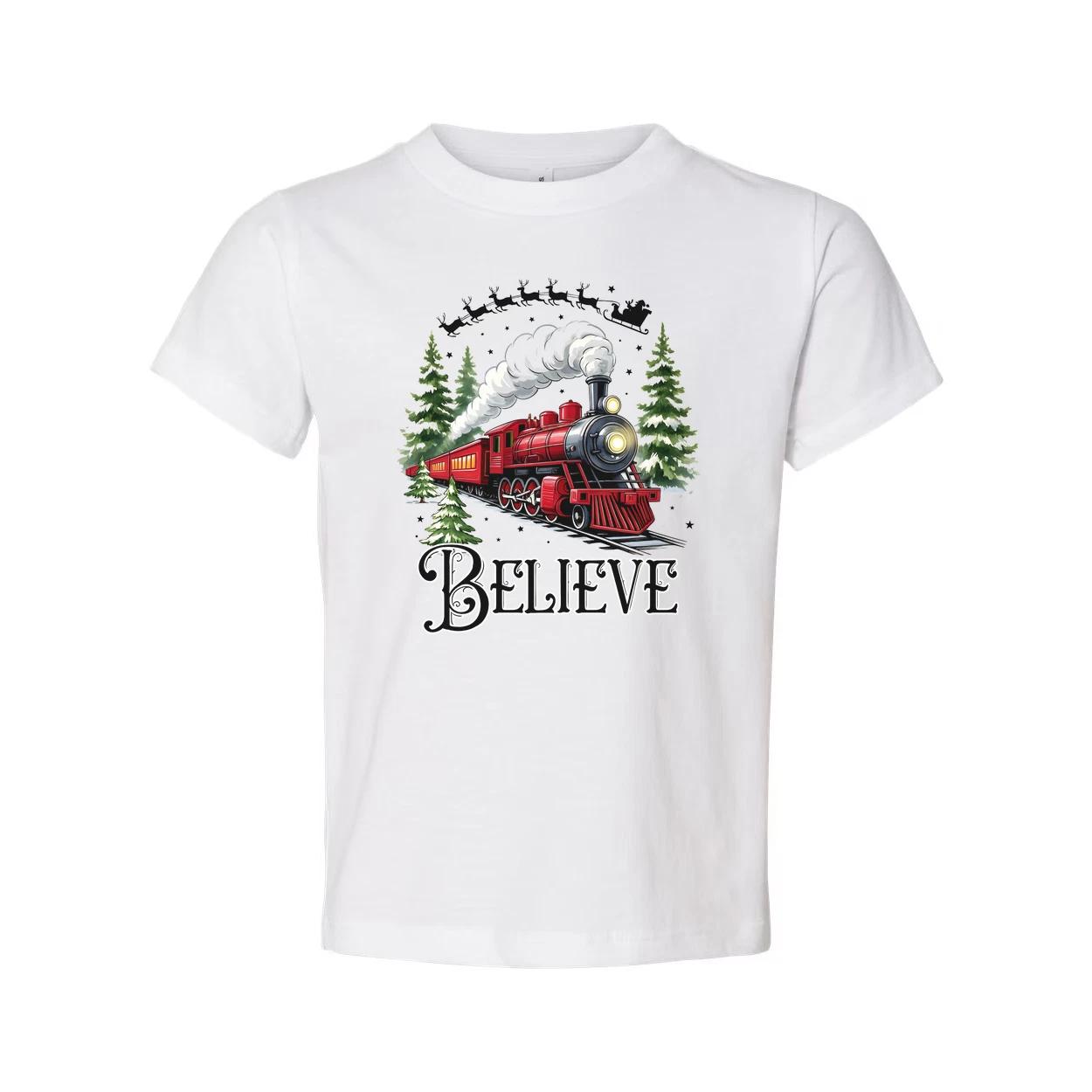 Unisex Christmas Train T Shirt With Red Steam Locomotive And Believe Graphic Art M