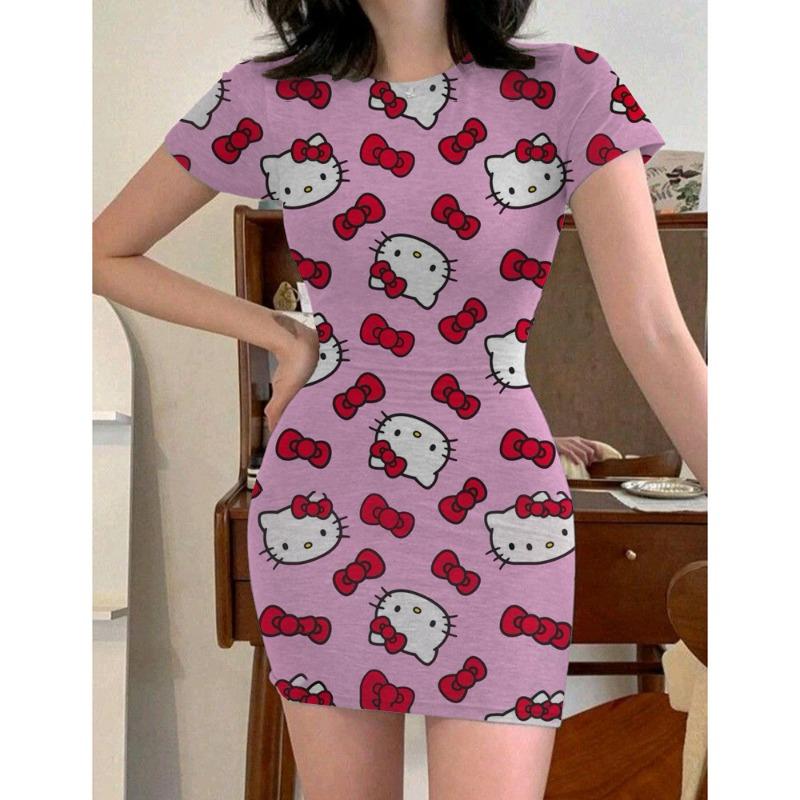 Y2k Fashion Women's 2024 Summer Sexy Tight Mini Dress Party Hello Kitty Printed Loose Short Dress