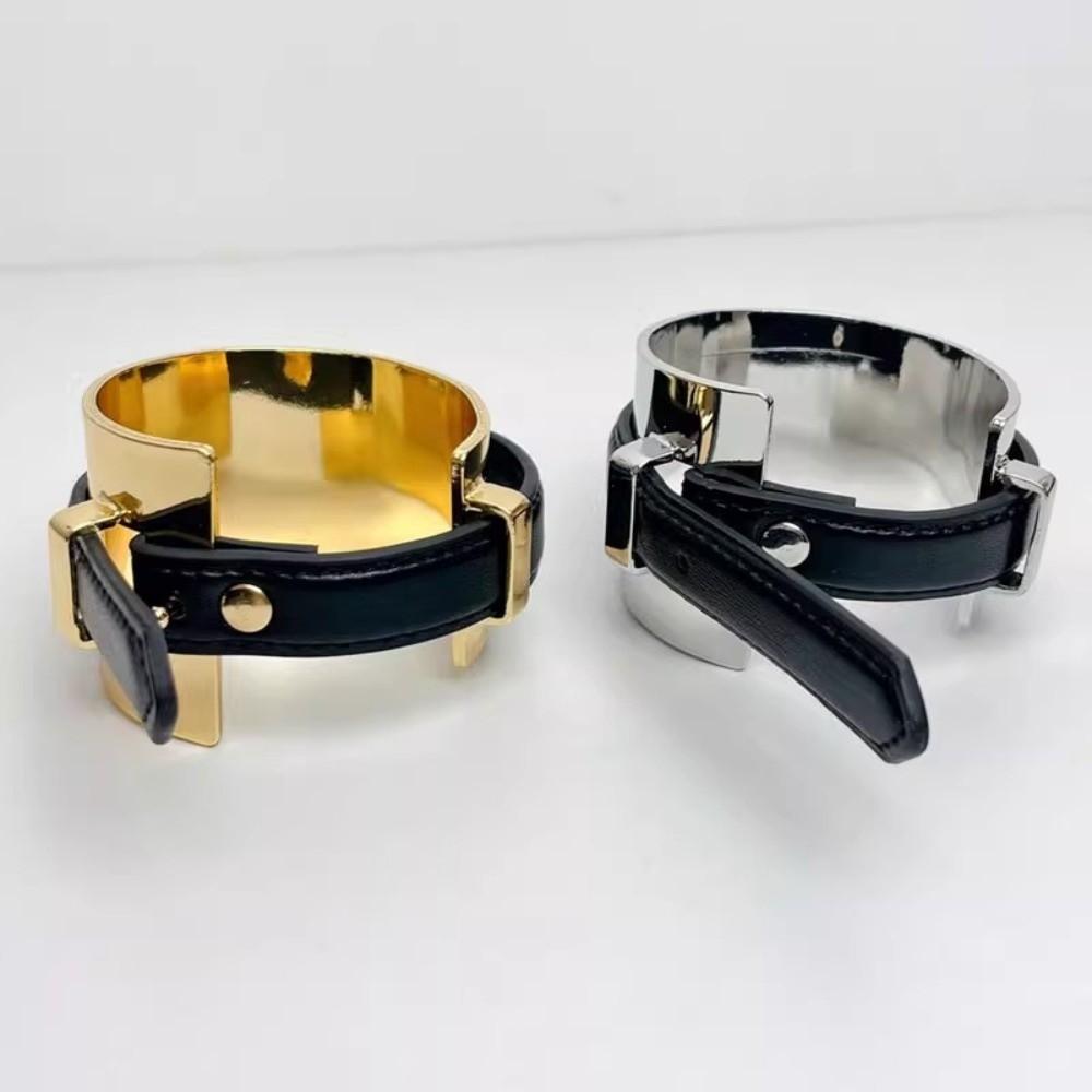 Silver Belt Buckle Leather Bracelet Golden Women Open Bangle Exaggerated Metal Bangle Versatile