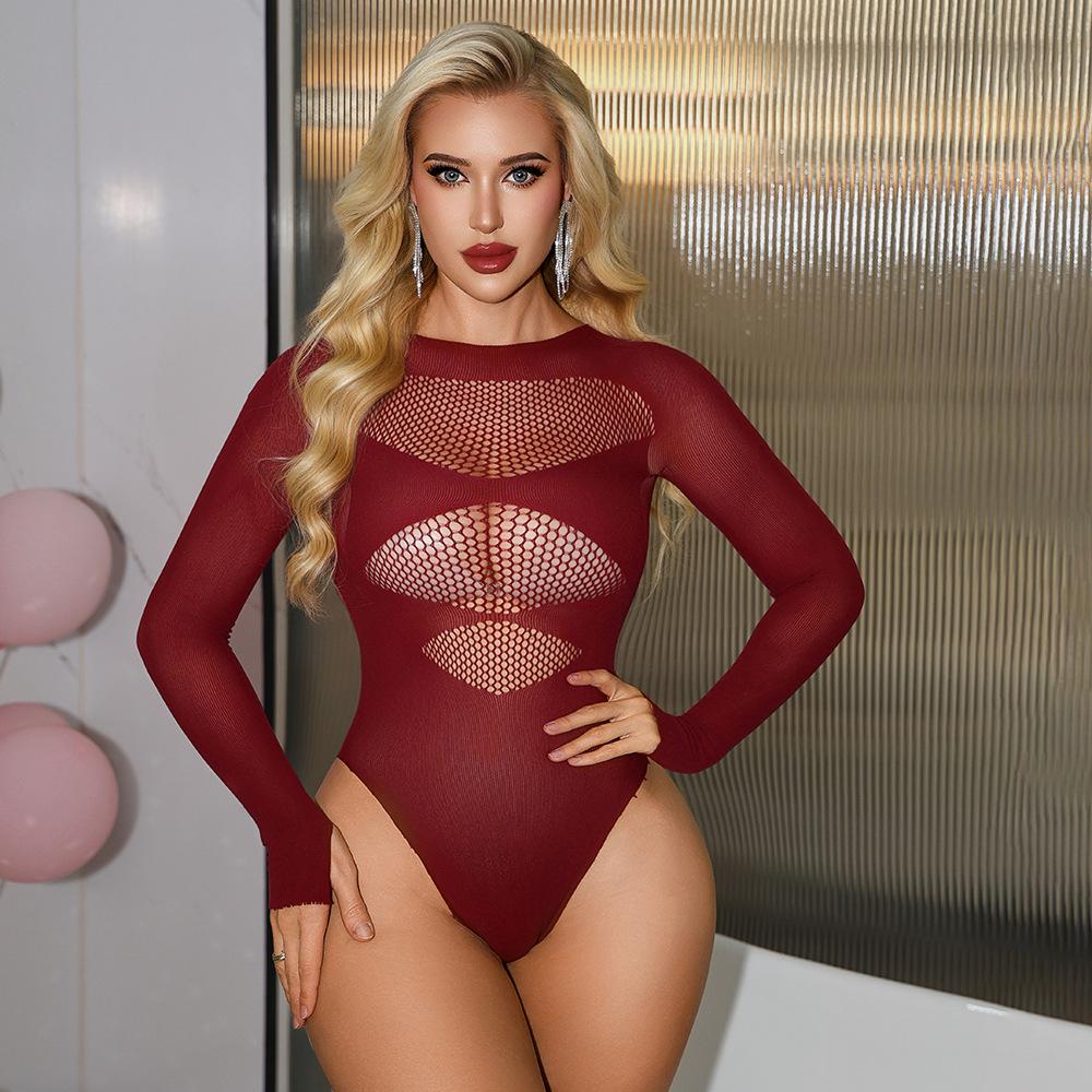 Sexy Long Sleeve Bodystocking Women Hollow Out Mesh Lingerie See Through Bodysuit Fishnet Jumpsuit Exotic Apparel Clubwear