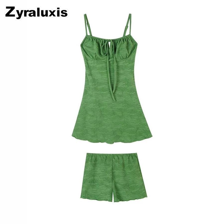 Green Strappy Sundress Set Women Beach Casual Vacation Summer Beautiful Short Dress with Shorts Two Piece Outfit S