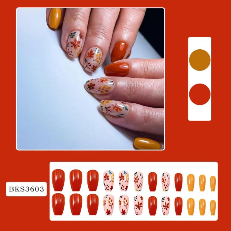 Autumn Winter Press On Nail 1 Set Glossy Ginger Leaves Design Easy Application Comfort Fit
