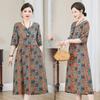 Floral Over-the-knee Dress Female Summer Western Style Age-reducing V-neck Mother Summer with Pocket Skirt