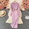 RUGOD Sexy Round Neck Knitted Slit Dress Women's New Autumn and Winter Bottoming Tight Elastic Wrap Hip Sweater Dress