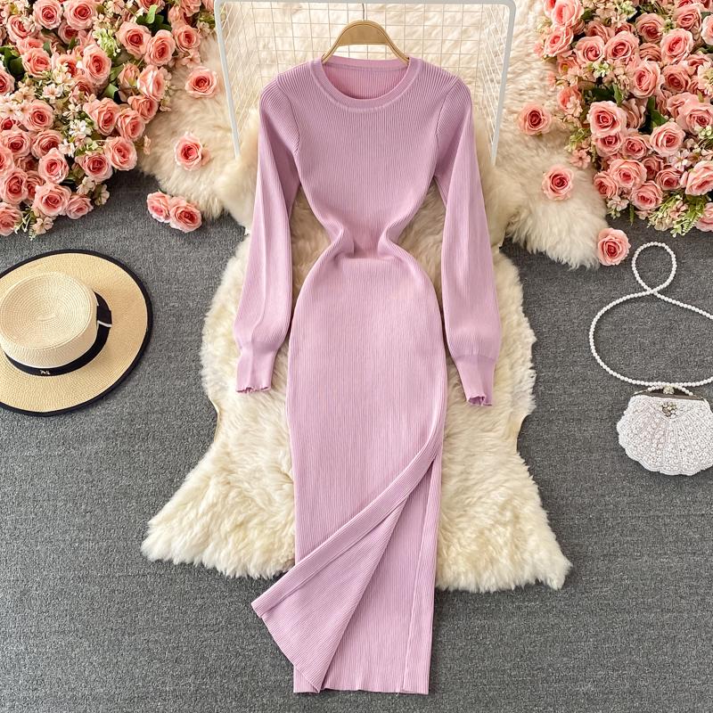 RUGOD Sexy Round Neck Knitted Slit Dress Women's New Autumn and Winter Bottoming Tight Elastic Wrap Hip Sweater Dress
