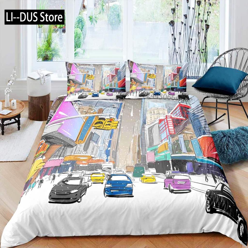 New York Duvet Cover Set, Skyline Print Decorative 3 Piece Bedding Set with 2 Pillow Shams, Twin Full Queen King Size Room Decor