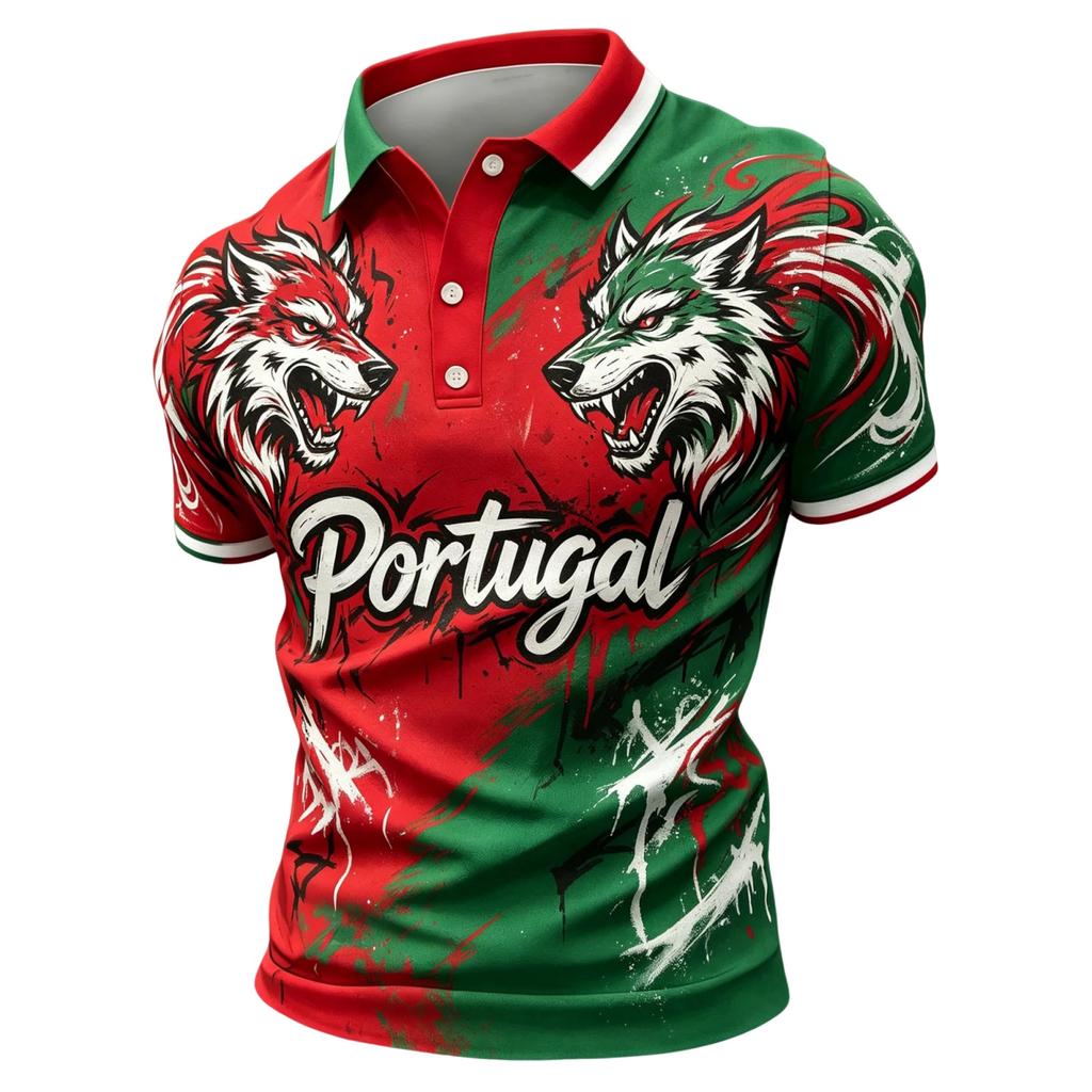 Men's Classic Football Polo Shirt Portugal Inspired Design Short Sleeve Casual Sportswear Lightweight Breathable Fabric
