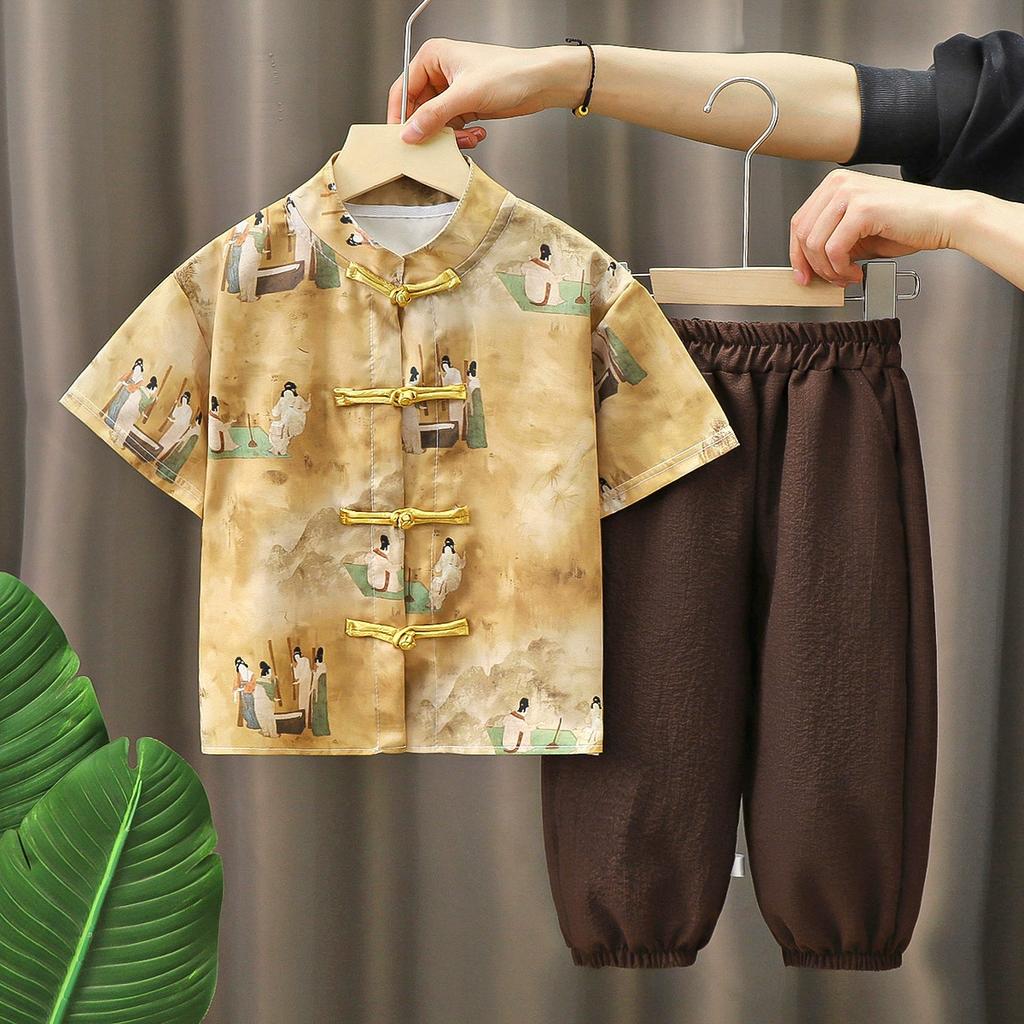 Set in stile cinese per ragazzi Estate Manica Corta + Pantaloni Capri Hanfu Abito Tang