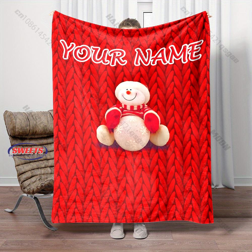 Custom Name Knit Red Background Snowman Christmas Blanket Cute Toy Snowman Flannel Throw Blanket Cozy Home Xmas Decor