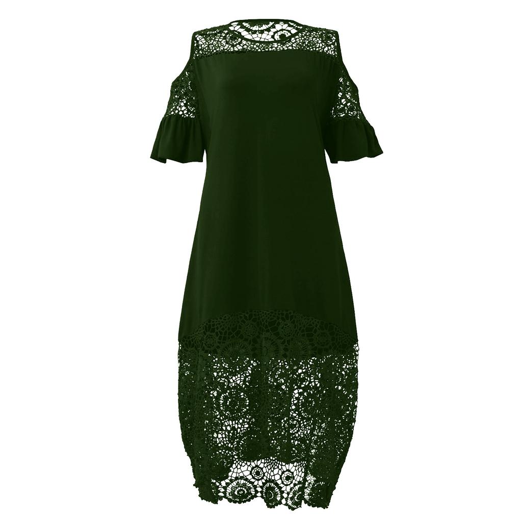 Fashion Womens Lace Stitching Ruffle Short-Sleeved Strapless Sheath Dress