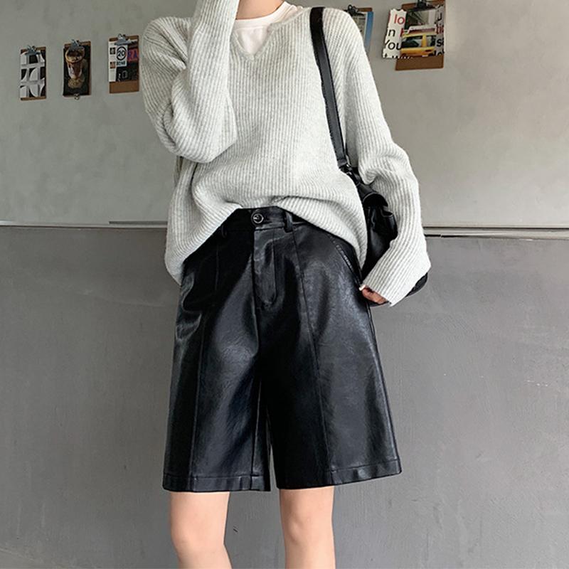 Shorts Damen, hohe Taille, weites Bein, kurze Hose, lockere, lässige, gerade Lederhose