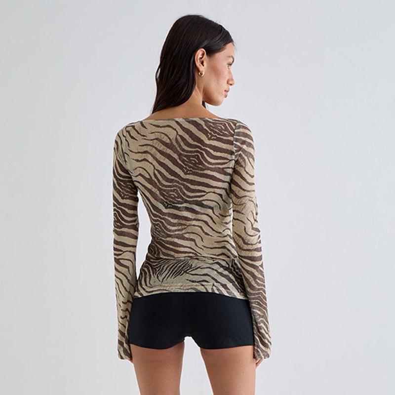 Off-Shoulder Floral Animal Print Slimming T-Shirt for Summer and Autumn