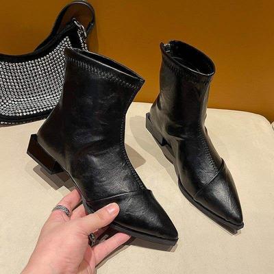 French Pointed Elastic Thin Boots Low Heel 2025 Autumn and Winter New Thick Heel Short Boots Women's Retro Soft Leather Chelsea Boots