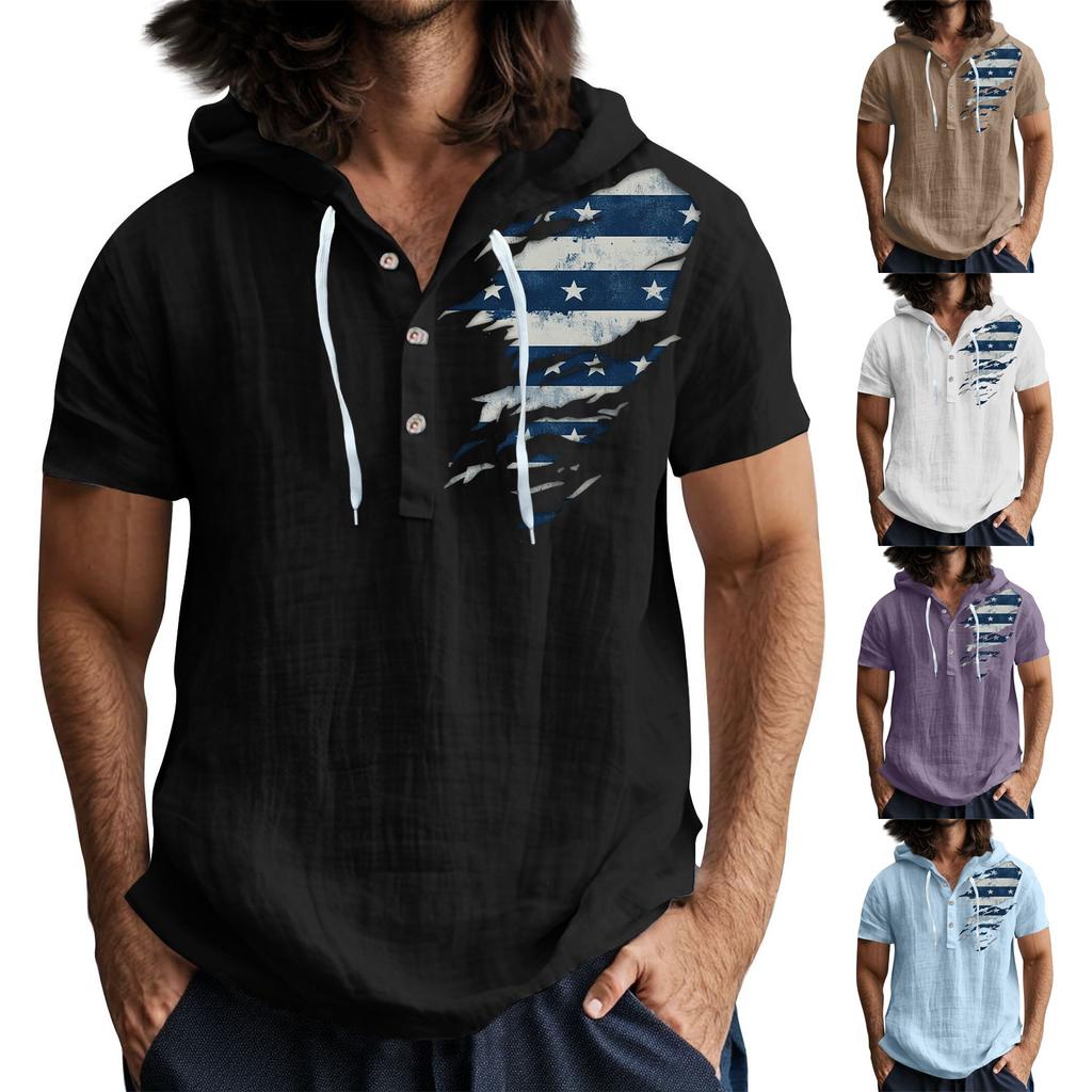 Men'S Casual Short Sleeved Hooded Top Buttoned Open Neck T-Shirt