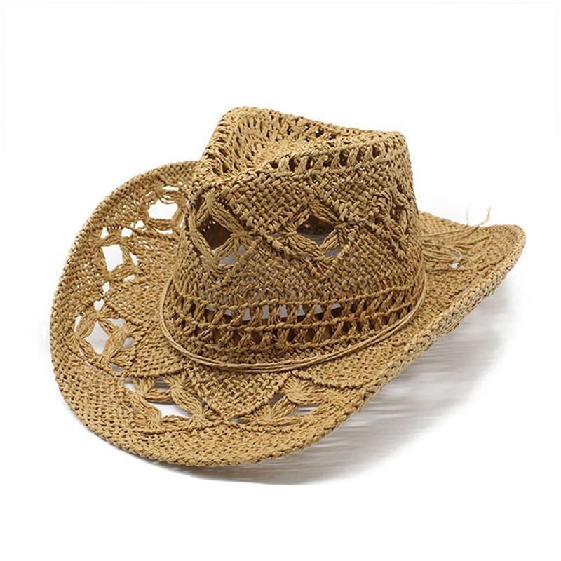 Straw Cowboy Hat for Men Women, Wide Brim Hollow Breathable Sun Protection Cap, Travel Beach Summer Hat