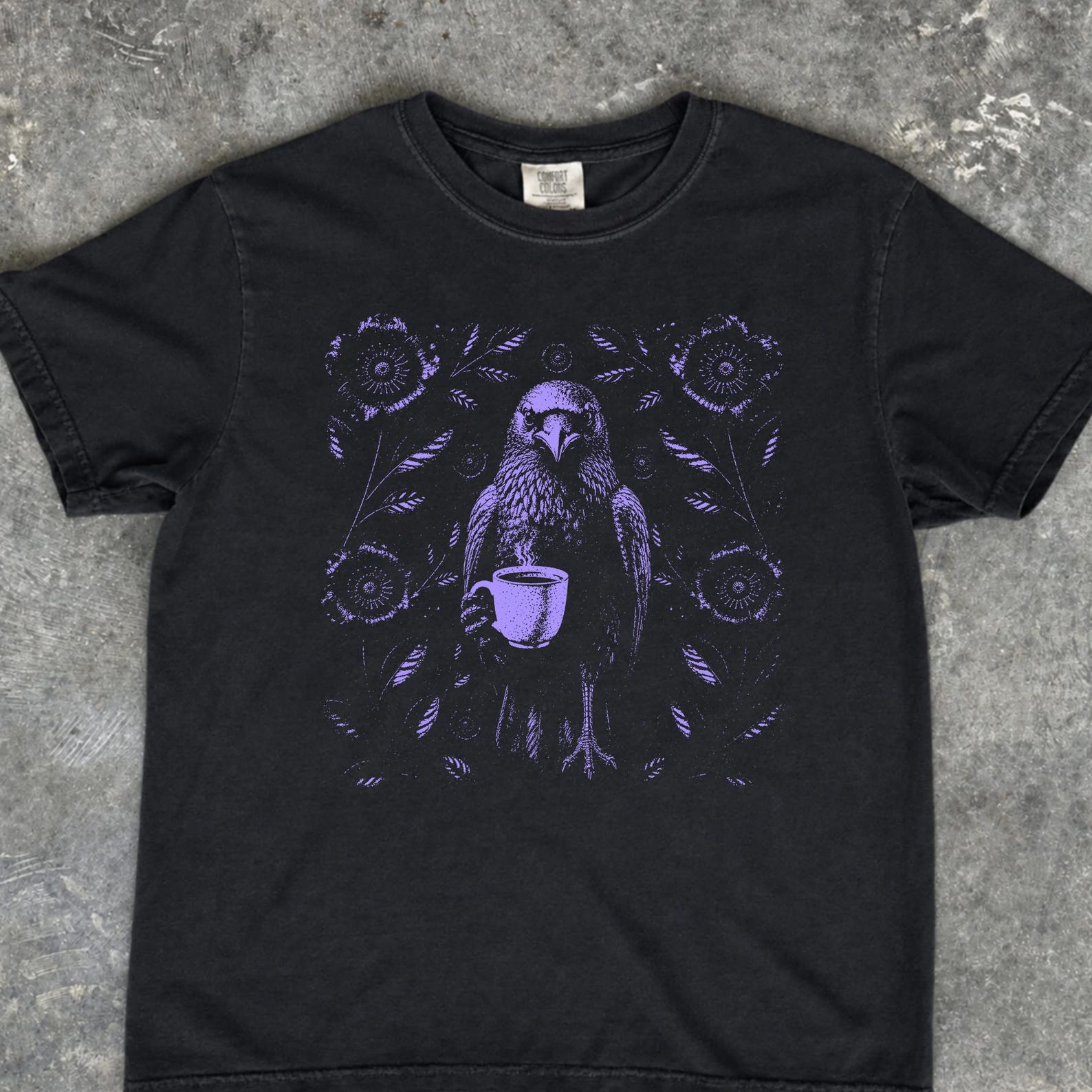 Boho Crow Shirt, Bird Coffee Lover Graphic Tee, Vintage Raven Floral Apparel, Dark Nature Witchy Gift, Retro Bird Tee For Her S