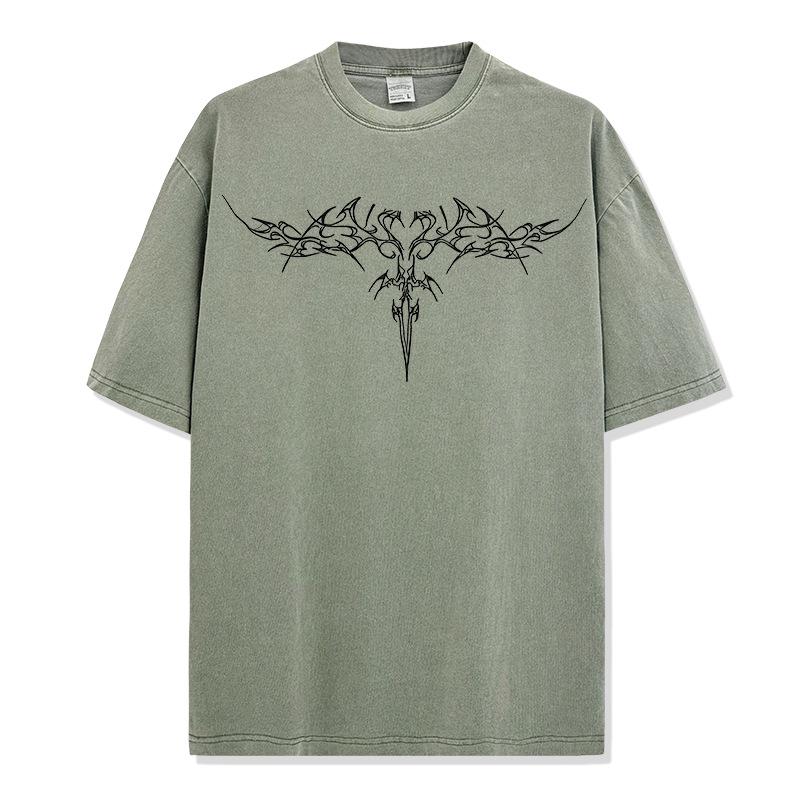 Loose Fit Washed Pure Cotton T-Shirt with Chest Tattoo Print