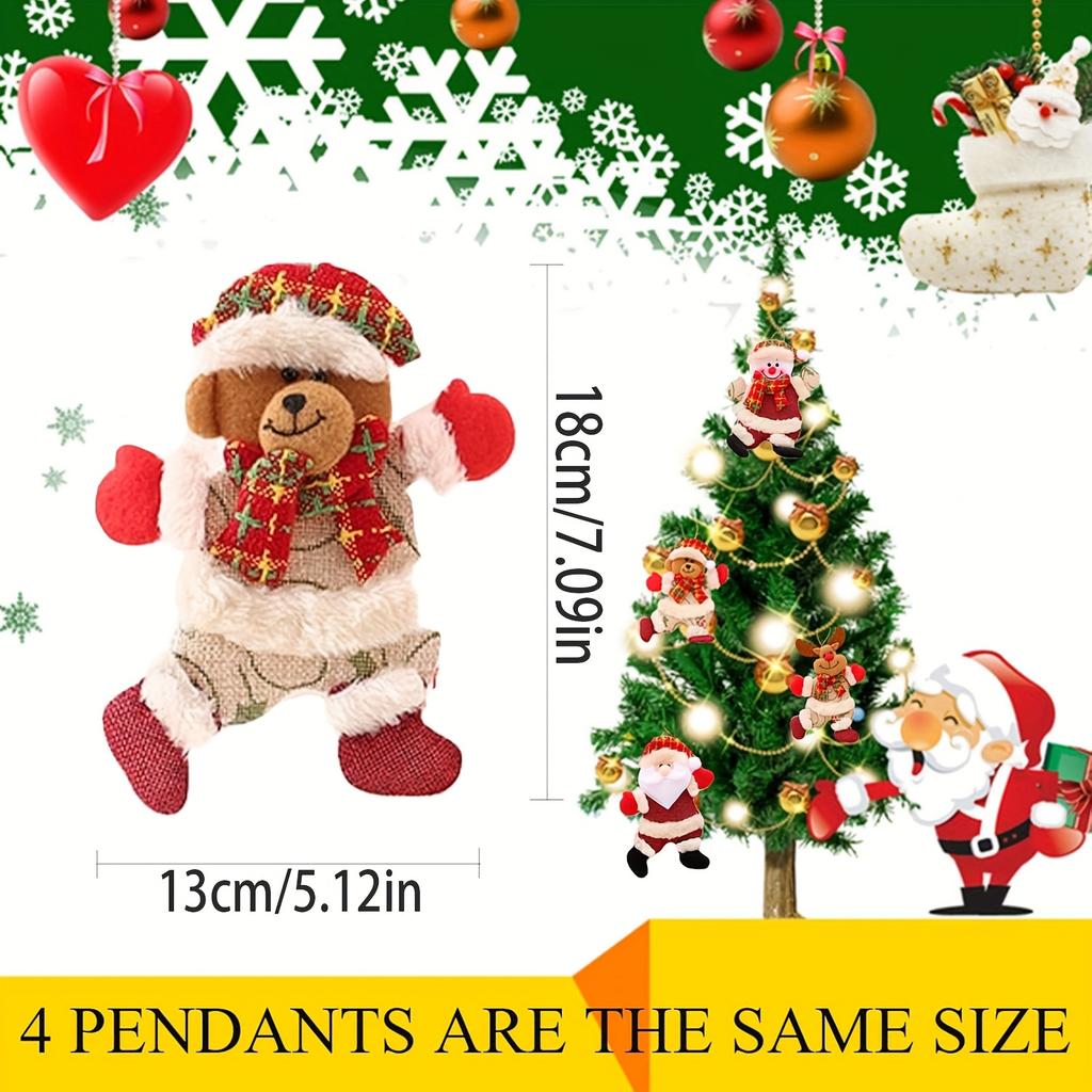 4pcs Christmas Tree Ornament Set Santa, Snowman, Reindeer, Bear Designs Festive Hanging Decorations for Holiday Party,Polyester,Holiday Pendant Decor