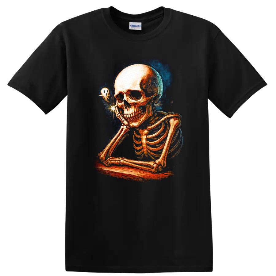 Skeleton Thinking T Shirt Creepy Ghost Halloween Vintage Art Design Tee