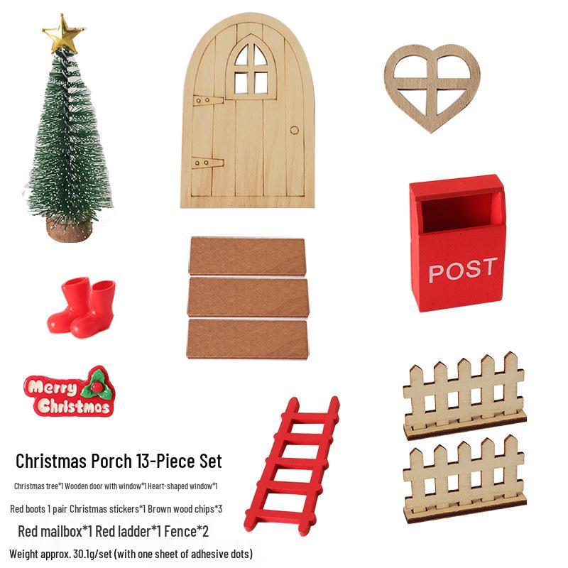 Dollhouse Christmas Scene Miniature Ornaments: Wooden Doorway, Figurines, Tree Model, Small Accessories