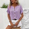 Summer Printed Women's T-shirt Elegant Floral Buttons Short Sleeve Loose Casual T-shirts Women Fashion Vintage Office Ladies Pullover Tee Tops New