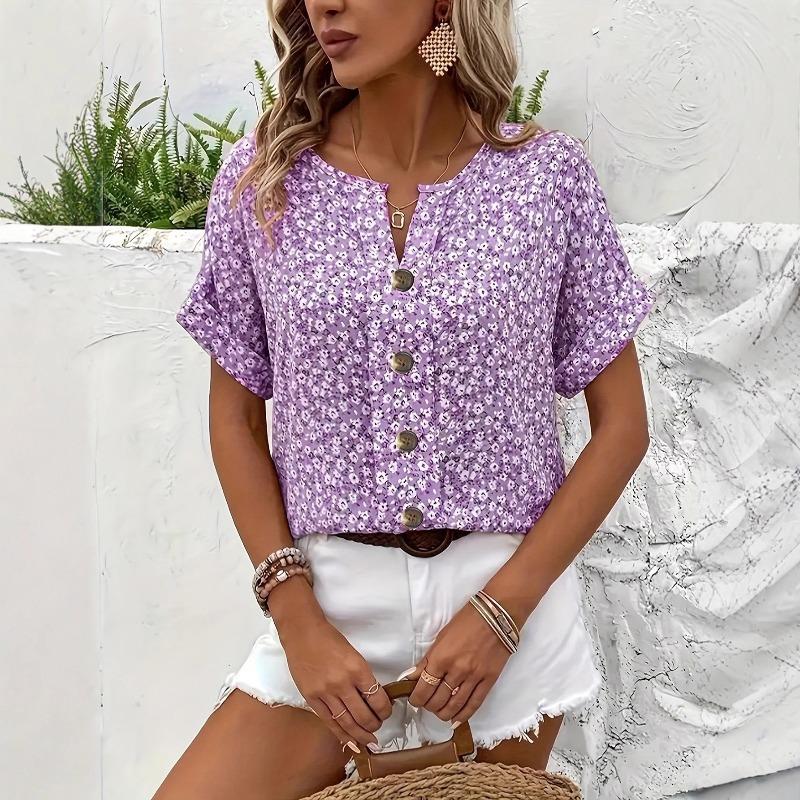 Summer Printed Women's T-shirt Elegant Floral Buttons Short Sleeve Loose Casual T-shirts Women Fashion Vintage Office Ladies Pullover Tee Tops New