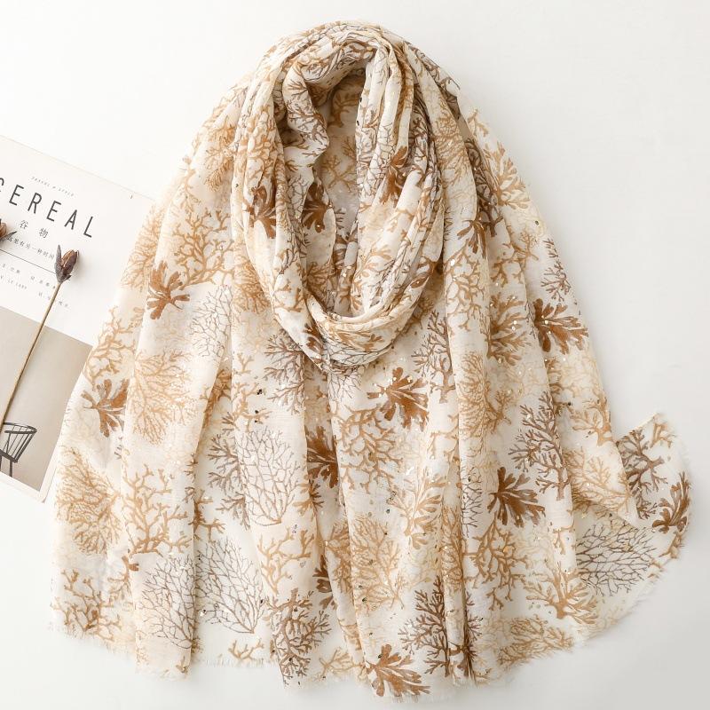 Luxury Women Scarf Summer Beach Shawl Coralal Print Cotton Linen Feeling Tassel Pashmina Muslim Hijab Wrap Viscose Turban