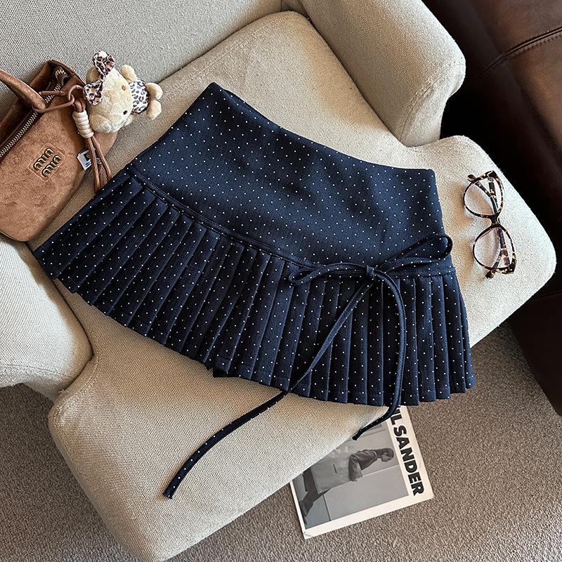 Design Sense Autumn/Winter 2025 Women s Polka Dot Lace-up Pleated High Waist A-line Skirt M темно-синий