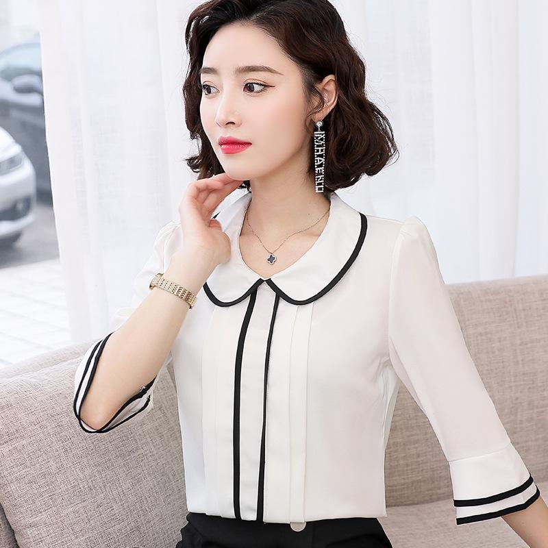 Women's Chiffon Trumpet Sleeve Doll Collar Shirt - Summer Mid-Sleeve Korean Style